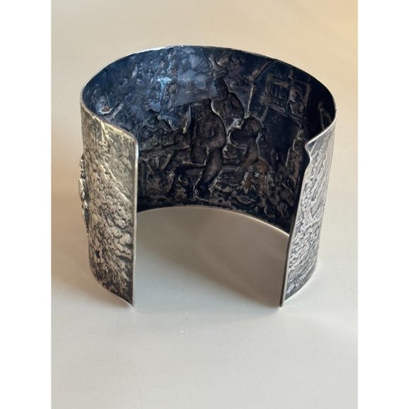 Vintage Denmark Repousse Story Scene Hans Jensen Silverplate Wide Cuff Bracelet - Picture 4 of 9